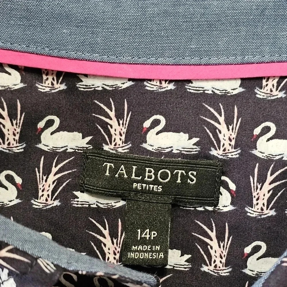 Talbots Womens 14P Shirt Black Cotton Swan Print Button Up Timeless Whimsigoth - Picture 5 of 8